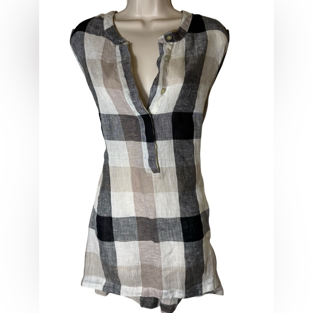 Soft Surroundings Women's X Large Plaid 100% Linen Top sleeveless button front - Picture 2 of 11